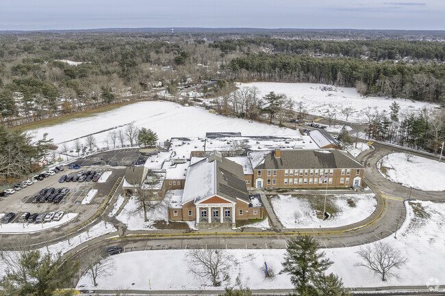 An aerial view of the large Indian Head Elementary School in Hanson, MA.