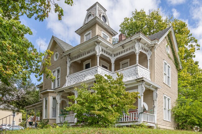 This Victorian style home in Franklin features a steeple.