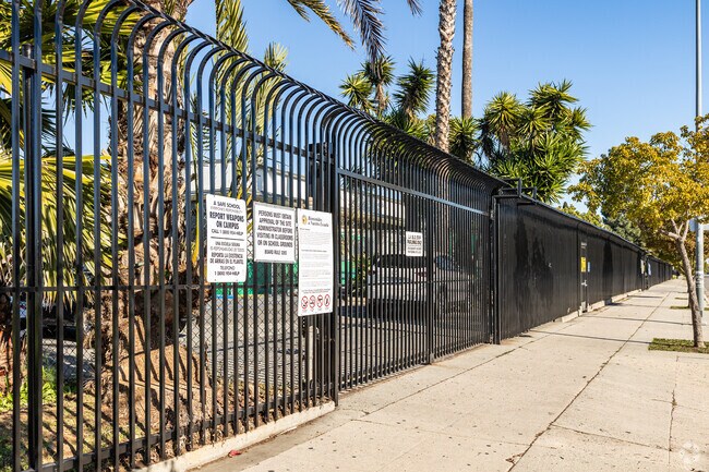 A tall metal gate surrounds the property around View Park Continuation School in Baldwin Hills.