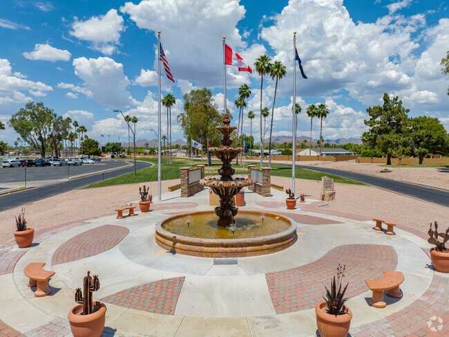 The water fountain welcomes you as you enter the Fountain of the Sun community in Mesa, AZ.