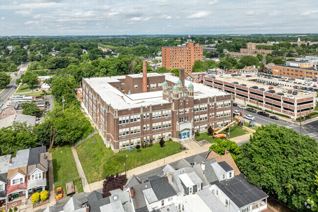At first view, Francis D Raub Middle School appears to be modeled after a medieval fortress.