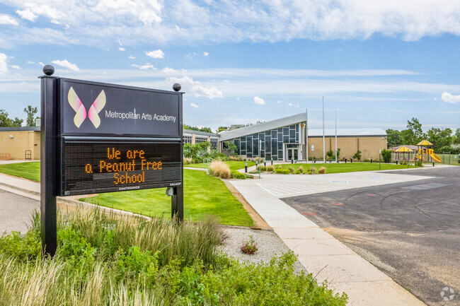The school sign at Metropolitan Arts Academy in Westminster, Colorado.