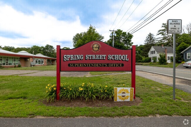 A bright red sign greets you to Spring Street Elementary School in West Bridgewater.
