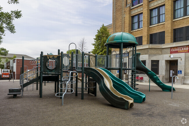 There are multiple slides to ride at Cleveland Elementary in Irving Park.