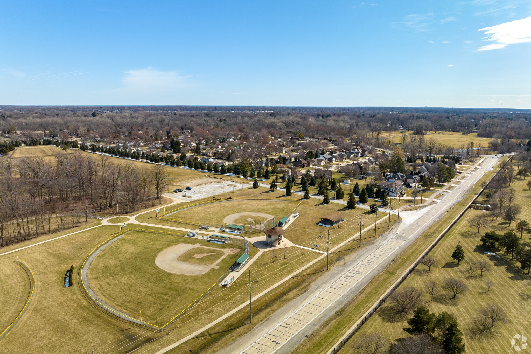 An aerial view of Clinton Township Civic Center park and athletic fields