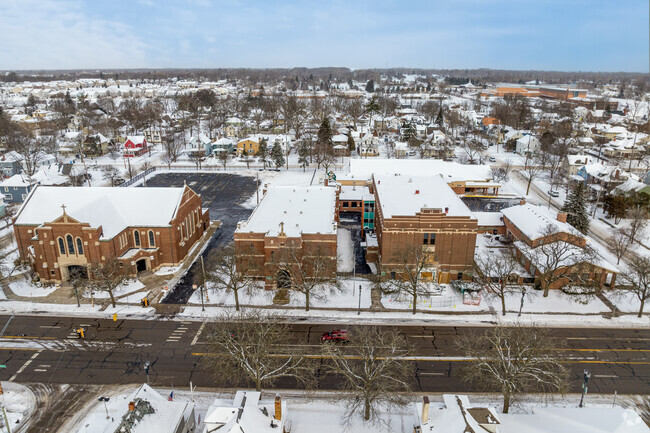 An aerial view of Resurrection School from the front.