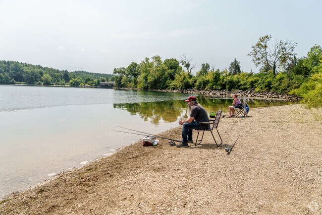Two local fishers try their luck along the shores of Lake Marburg in Cordorus State Park.
