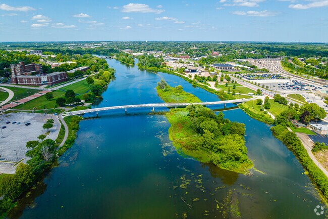 The Fox River runs through Aurora, offering scenic views along the shore.