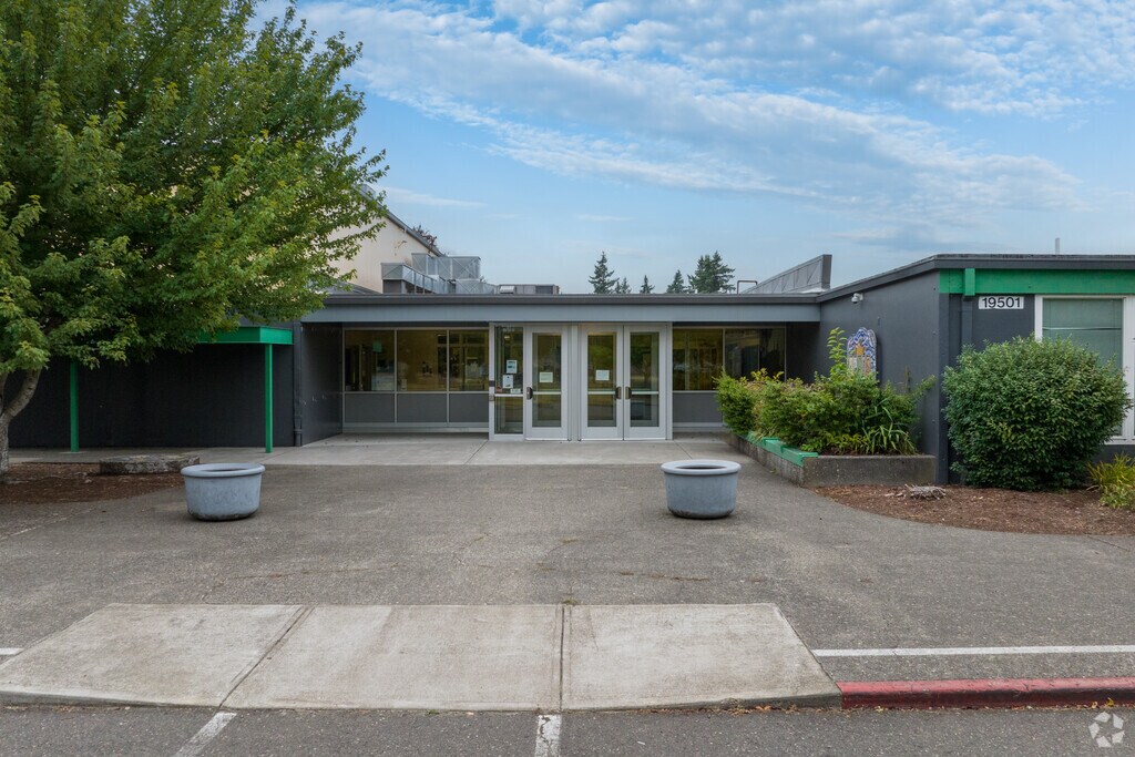 Planters and art welcome students to Davis Elementary School on NE Davis St in Portland.