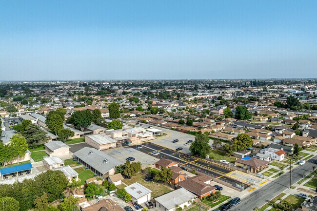 An aerial view of the pick up and drop off area at Washington Elementary School in Bellflower.
