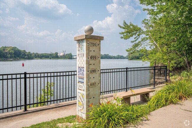An artistic flood marker is located at the Grove Street Overlook in the city of Newport.