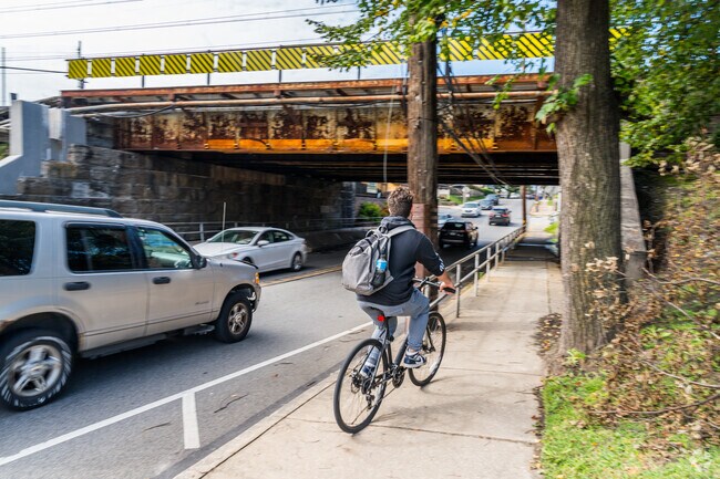 Biking through the town center of Prospect Park, PA