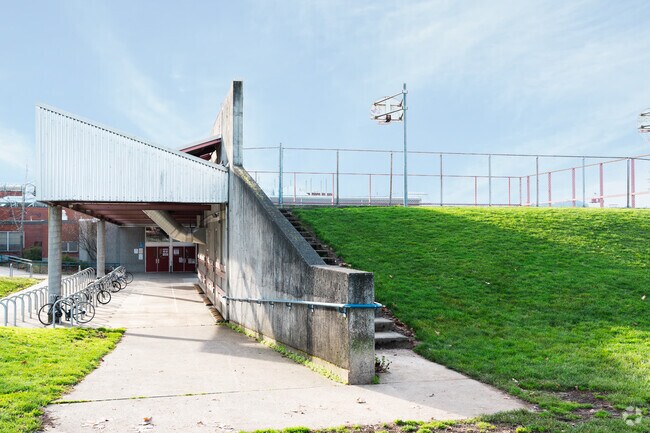 Basketball courts and student entry to Harriet Tubman Middle School.