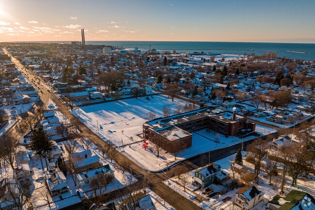 Fitzhugh Park Elementary School in Oswego can be seen with the enormous Lake Ontario.