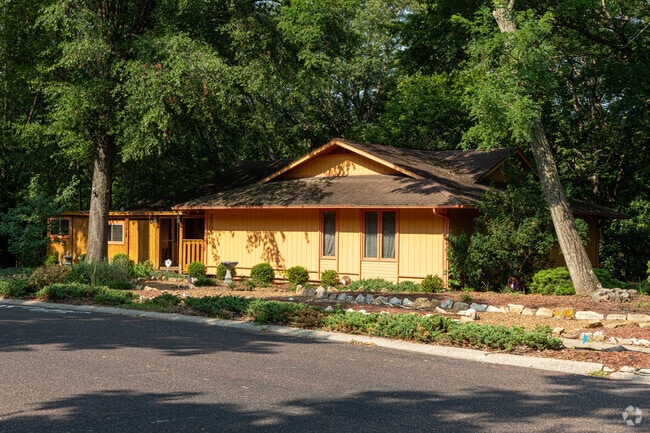 Mid-century modern homes add pops of color to the lush greenery of Green Meadows.