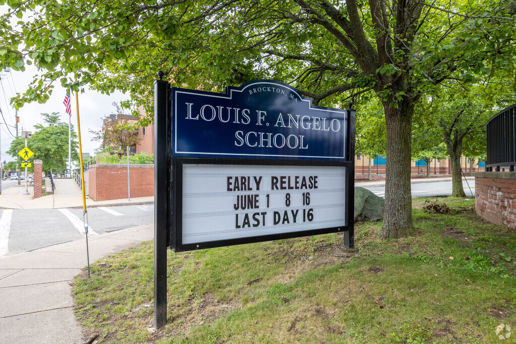 An announcement of the last day at Louis F. Angelo Elementary School in Brockton.