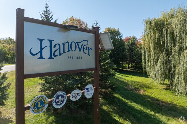 The Hanover city sign stands along a main road near downtown.