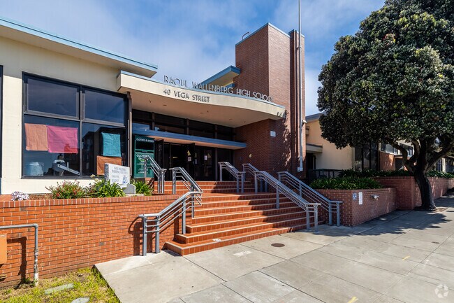 A brick stairway walks you into Raould Wallenberg High School.