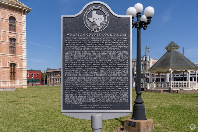 Wharton County Courthouse's historical marker tells the story of the city's past.