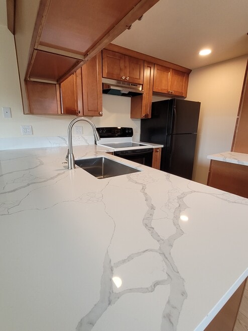 New quartz kitchen countertops and underground sink