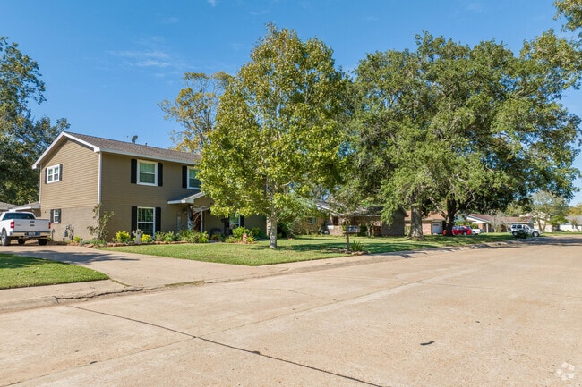 A row of ranch style homes sit underneath mature oak trees in Lake Jackson, Texas.