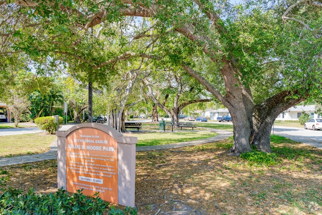 Nellie B Moore Park offers walking paths and sitting areas.