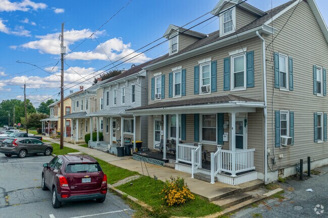 Traditional twin homes line the streets of Robesonia.