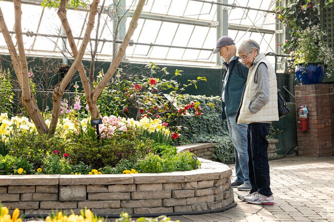 Couples enjoy the spring flowers at the Garfield Park Conservatory.