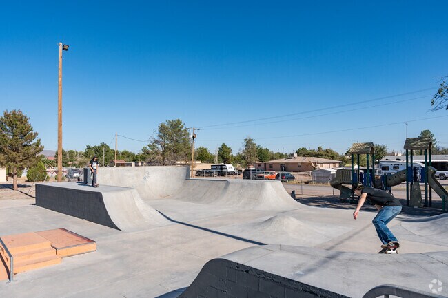 Mequite is home to the Mesquite Skate Park, with many skaters enjoying the park.