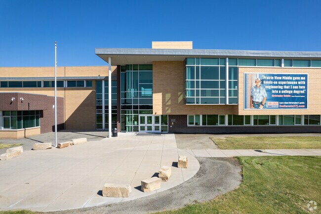 Prairie View Middle School in Hazeltine features a modern campus and activities.