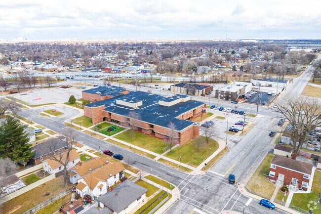 Lew Wallace Elementary School has a large blacktop for students to use at recess.