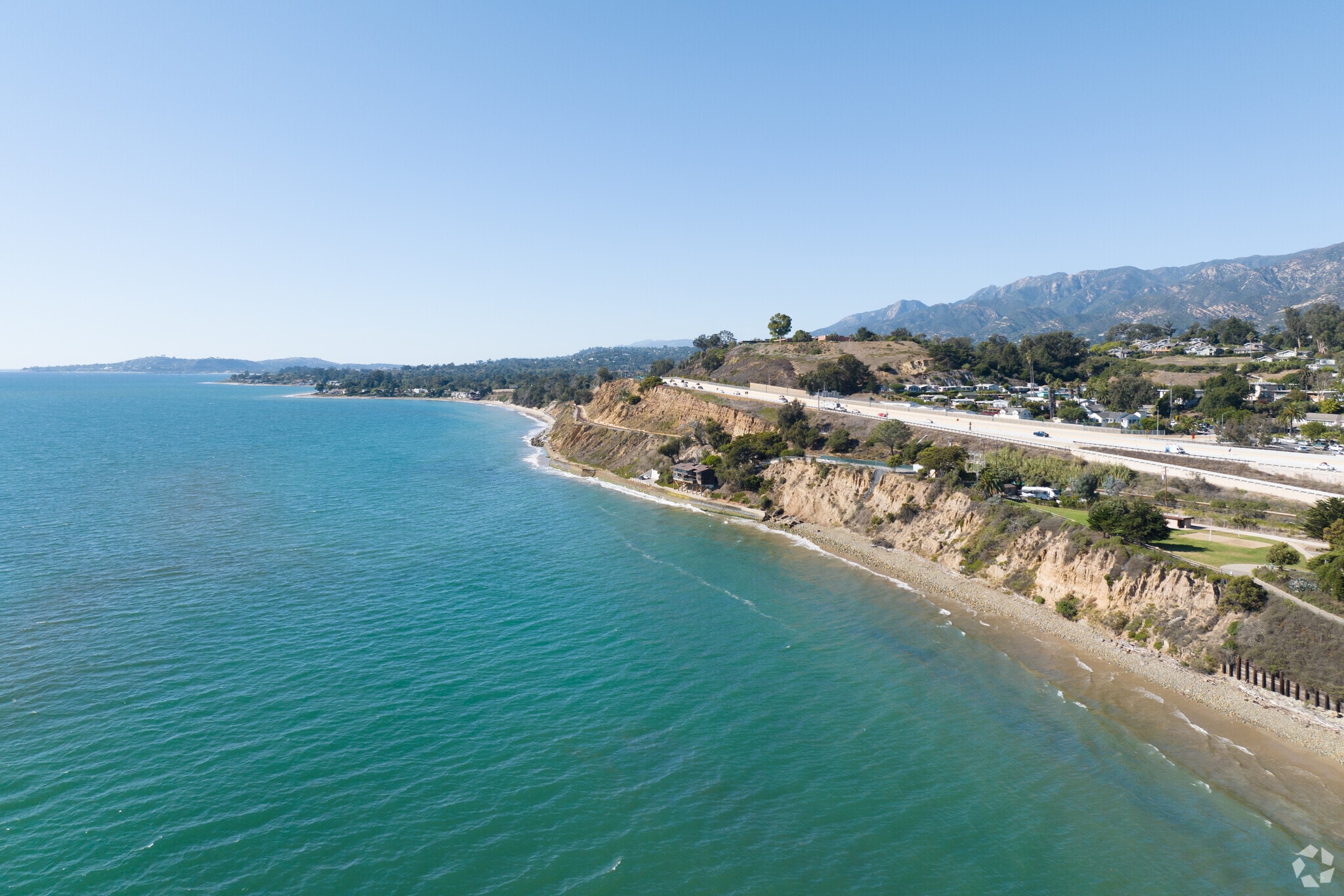 Overview of the Summerland neighborhood along the coast of the Pacific Ocean.