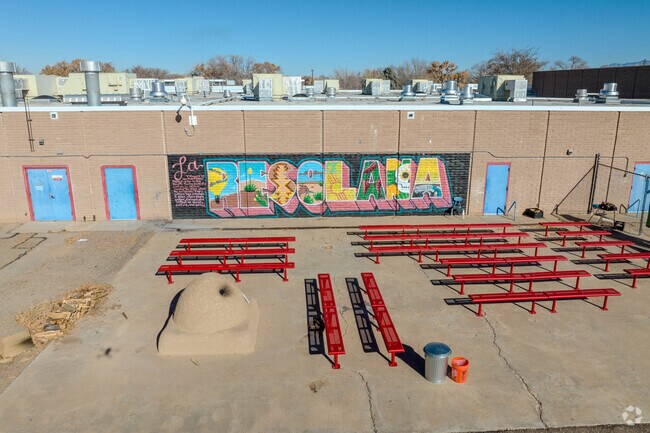 Polk Middle School tables and mural.
