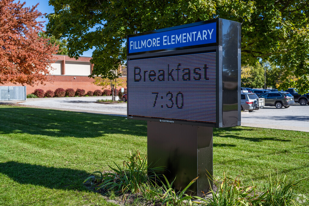 The school sign at Fillmore Elementary in the North Side neighborhood of Davenport, Iowa.