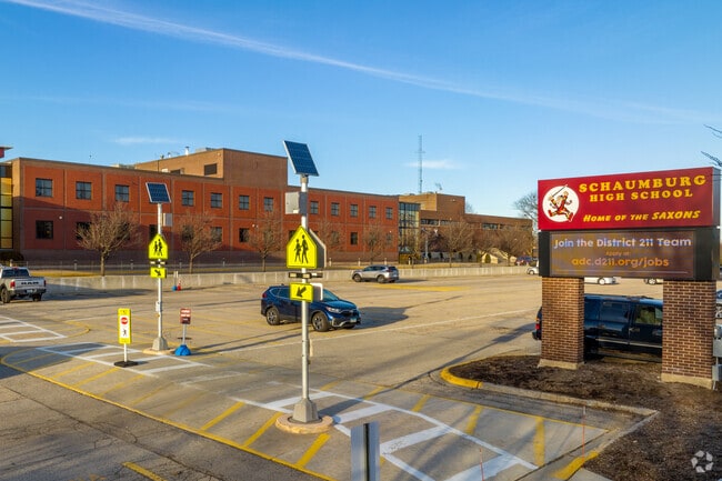 Schaumburg High School signage and overview of school