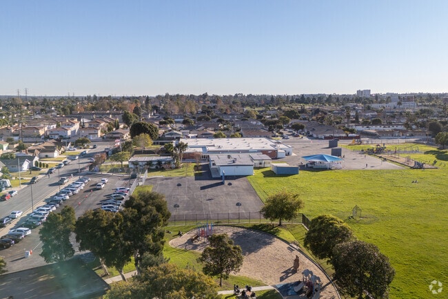 Elevated views of Lake View Elementary and the surrounding landscape.