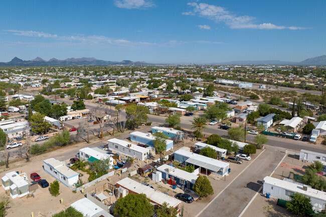 An aerial of traditional manufactured homes in Los Ranchitos.