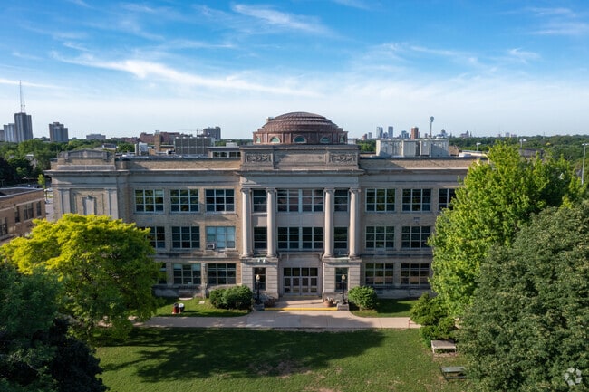 The Shorewood High School entrance is grand and welcoming.