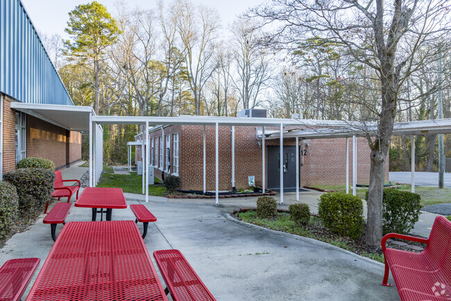 Outdoor seating and gathering area for Grover Elementary School students.
