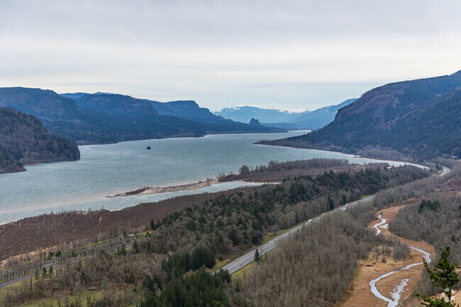 The Historic Columbia River Highway travels east through the Columbia River Gorge