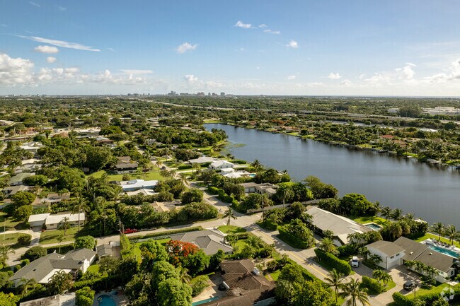 Bird's eye view of Lake Clarke and downtown West Palm Beach in Lake Clarke Shores, FL.
