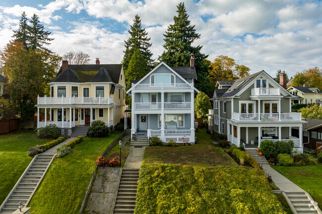 A row of modern classical homes near Lowell Elementary.