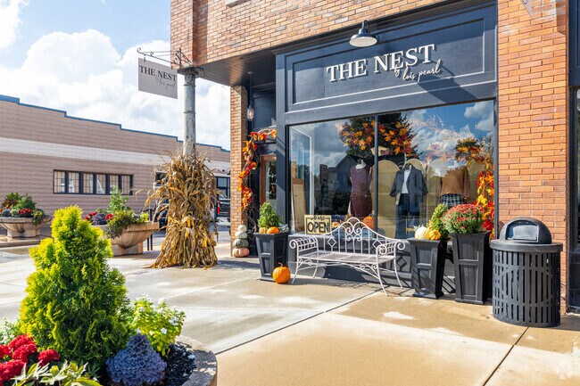 The Nest by Lois Pearl decorated for fall along the downtown Main Street in Yorktown, IN.