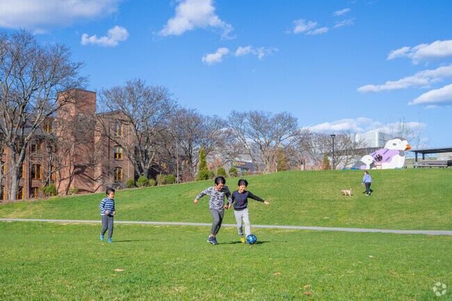 Practice your soccer skills on the green space at Timothy J. Toomey Park in East Cambridge.