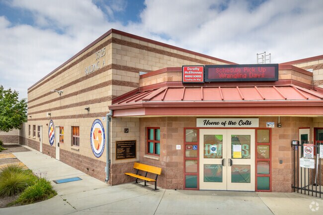 Front office with electronic sign at Dorothy McElhinney Middle School in Murrieta.