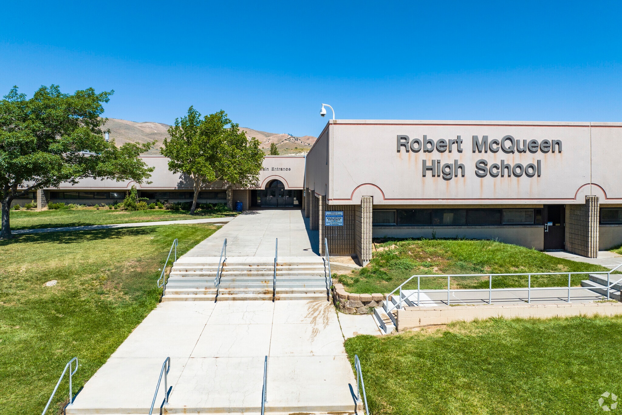 The front entrance to Robert McQueen Highschool in Reno.