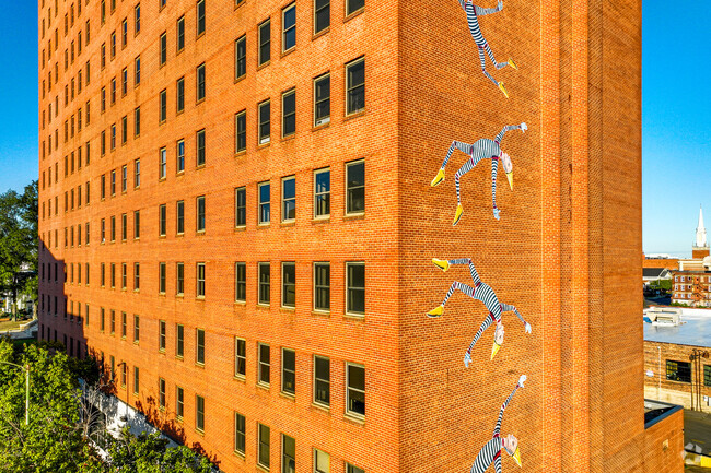 Close view of art work on Fairmont Apartments in Downtown Riverfront.