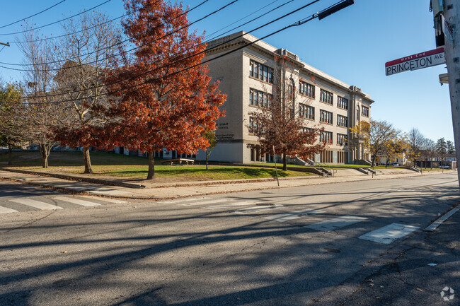 A street name view of Gilbert Stuart High School in Providence.