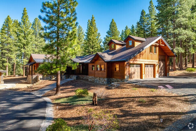 Cabin-style homes nestle among evergreens for a serene mountain retreat.