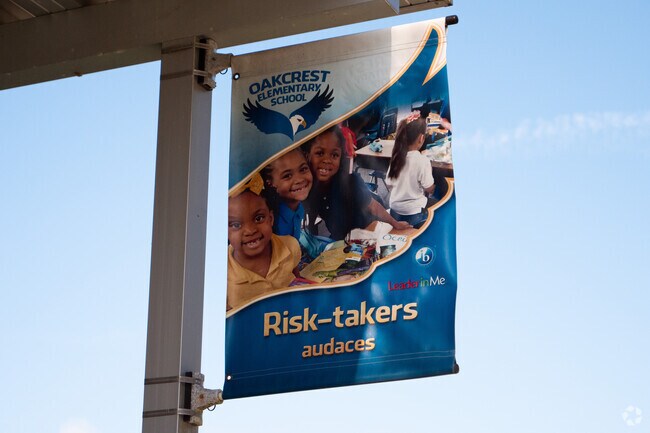 The banner at Oakcrest Elementary School shows students how to have courage.